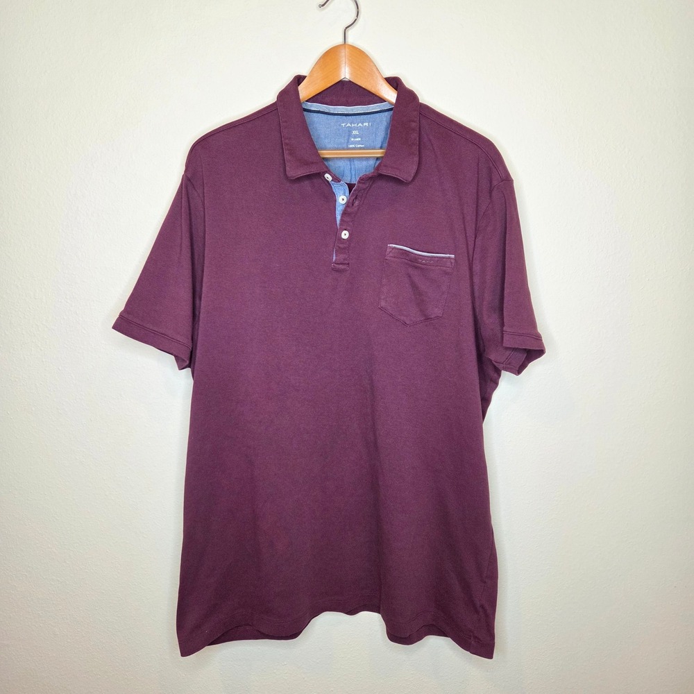 Tahari Mens XXL Burgundy Cotton Short Sleeve Pocket Polo Shirt Maroon Classic